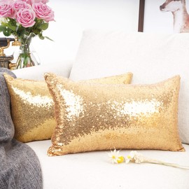 YOUR SMILE Pack of 2, New Luxury Series Gold Decorative Glitzy Sequin & Comfy Satin Solid Throw Pillow Cover Cushion Case for Wedding/Christmas,12" x 20"