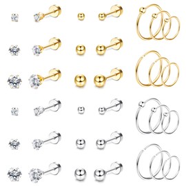 Diamday 18 Pairs Small Stud Earrings Hoops for Women Men Stainless Steel Flat Cartilage Earrings Sets CZ Tiny Ball Earrings Hoops Stud Earrings Hypoallergenic Tragus Helix Piercing Earrings, Stainless