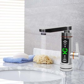 BANLICALI 3-5S Instant Water Faucet 3000W Electric Water Heater Tap with LED Digital Display Rotation 360° Single Handle 304 Stainless Steel Faucet for Bathroom Kitchen 30-60℃ 110V Silver