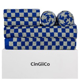 CinGiiCo Checkered Bath Towels Set 6 Piece, Soft & Cotton Bath Towels * 2 + Hand Towels * 4, Bathroom Thick & Absorbent & Quick Dry, Hotel Towels Luxury, Beach Towel (Blue)