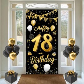 Tecreo 18th Birthday Decoration Background Door Decoration Banner Fabric Sign, Gold, Black, 35.4"x70" with 4 Copper Eyelets