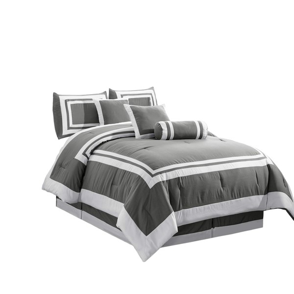 Chezmoi Collection 7 Pieces Caprice Gray/White Square Pattern Hotel Bedding Comforter Set (King, Gray/White)