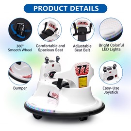 Bumper Cars for Toddlers, Electric Ride On Car, Kids Car with Remote Control, 360 Degree Spin, LED Lights, Ride On Toys for Kids, White