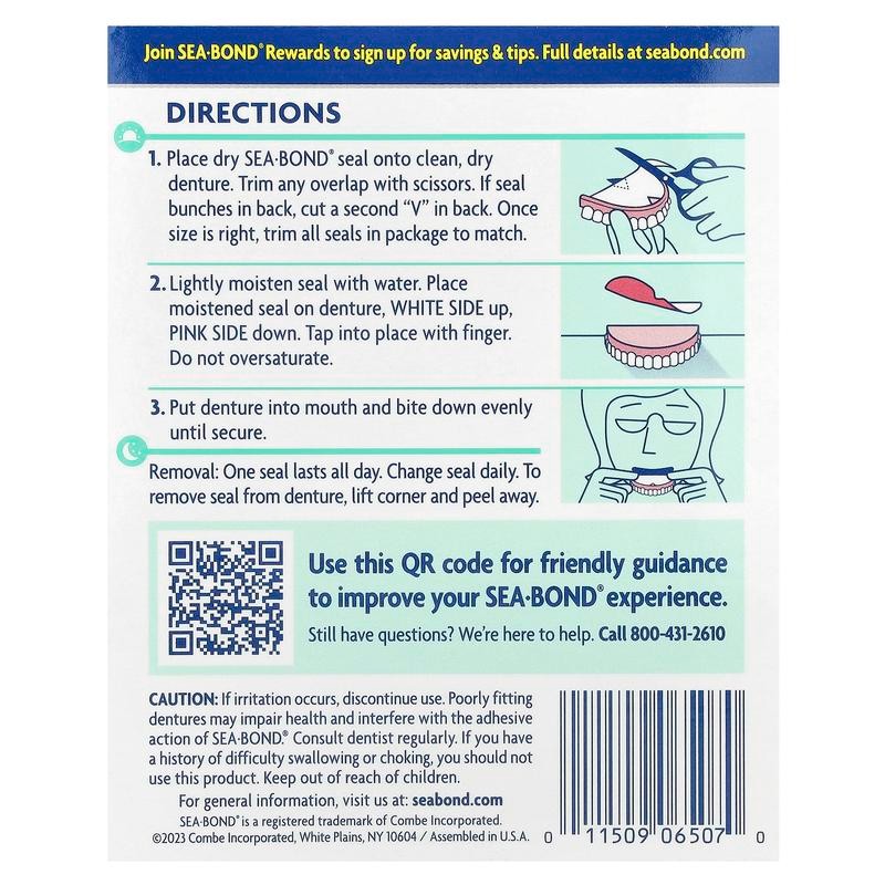 SeaBond Denture Adhesive Seals, Fresh Mint, 30 Uppers