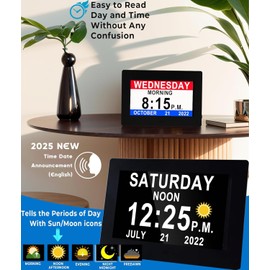 Digital Calendar Alarm Clock for Seniors with Dementia - 8" Extra Large Display with 4 Color Modes | 12 Alarms, Remote Control, Wall/Desk Mount, High Contrast AM/PM, Date Display for Visually Impaired