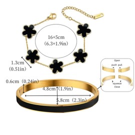 Gold Bracelets for Women 2Pcs Stackable Gold Bracelet 18K Gold Plated Enamel Bangle Floral Bracelet Set Trendy Gifts for Women (Black)