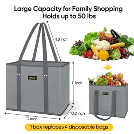 BALEINE 3Pk Reusable Grocery Bags, Foldable Shopping Bags for Groceries with Reinforced Bottom & Handles (Gray)