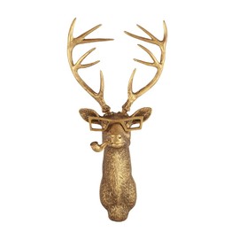 Deer Head Wall Sculpture, Artificial Deer Head Antlers Wall Decor with Glasses and Pipe, Resin Deer Head Wall Mount Geometric Stag Animal Head Wall Hanging Decor, for Living Room Bedroom Kitchen Gift