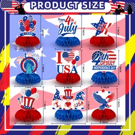 Oiuyamn 9 Pieces Fourth of July Patriotic Honeycomb Centerpieces Decorations, American Flag USA Balloons Table Topper Ornaments Signs Party Decorations
