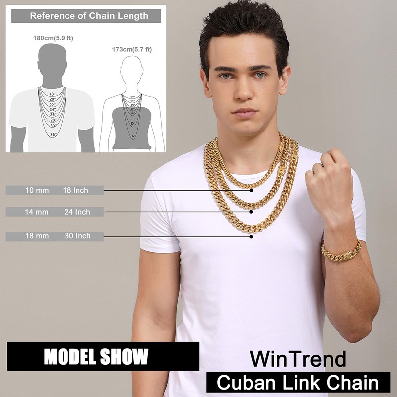 WinTrend Gold Cuban Link Chain Necklace or Bracelet with Design