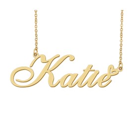 18k Gold Plated Katie Name Necklace Heart Charm Pendant Stainless Steel Graduation Jewelry for Womens Teens 16"