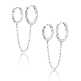 Hoop Earrings 925 Silver for Women, Double Piercing Stud Earrings Hoop Earrings with Hanging Chain, Gold Earrings with Cubic Zirconia, Silver Jewellery, Huggie Hoop Earrings, Gifts for Women, Girls,