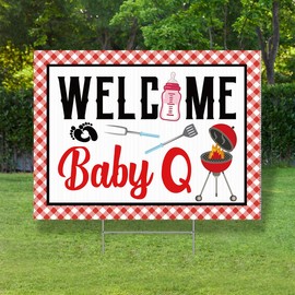 Welcome Baby Q Gender Reveal Yard Sign,BBQ Theme Party Decoration,Baby Shower Decorations（15.6x11.8inch)