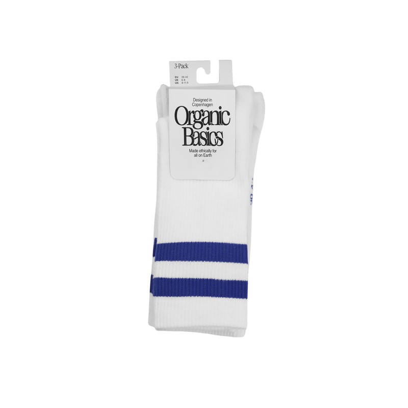 Organic Basics Unisex Core Stripe Crew Socks 3-pack, White/Vibrant Blue,