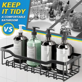 5-Pack Shower Caddy, Shower Shelf for Inside Shower, Shower Organization, No Drilling, Strong Adhesive Mount, Large Capacity, Rustproof Stainless Steel, Black, Shower or Kitchen Organizer Shelves.