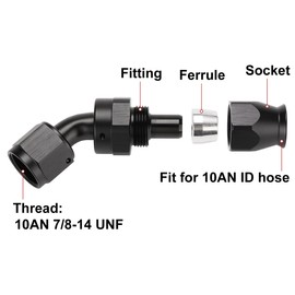 Podavelle 10AN PTFE Hose End Fitting 45 Degree Elbow Swivel Aluminum Black