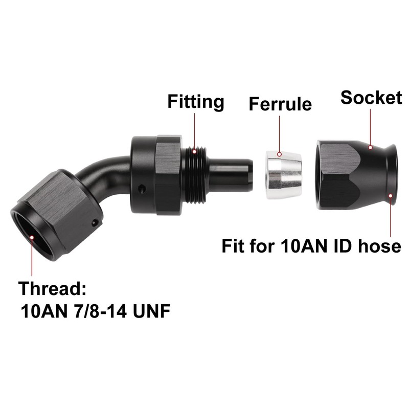 Podavelle 10AN PTFE Hose End Fitting 45 Degree Elbow Swivel