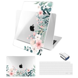 Batianda Compatible with New MacBook Air 13 inch Case 2025 2024 2022 M4/M3/M2 Chip Model A3240/A3113/A2681, Plastic Clear Hardshell Keyboard Cover & USB-C OTG Adapter, Leaves and Flowers
