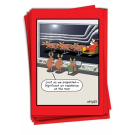NobleWorks - 12 Funny Cartoon Cards for Christmas - Boxed Holiday Xmas Greetings, Bulk Notecards with Envelopes (1 Design, 12 Cards) - Santa Aerodynamics C7095XSG-B12x1