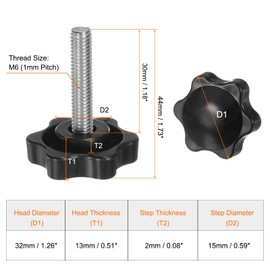 sourcing map 8pcs Star Knobs M6 x 30mm 304 Stainless Steel Threaded Stud 32mm Plastic 6-Star Head Hand Tightening Thumb Screw Clamping Jig Knob Handle, Black