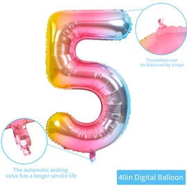TONIFUL 40 Inch Rainbow Large Numbers Balloons 0-9, Number 5 Digital 5 Helium Balloons, Foil Mylar Big Number Balloons for Birthday Party Anniversary Supplies Decorations