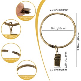 Openable Curtain Rings with Clips,2inch Inner Diameter,Heavy Duty Rustproof Metal Decorative Vintage Drapery Rings Curtain Clips Rod Hangers Door Curtain and Shower Curtain Rings Bronze Zocang