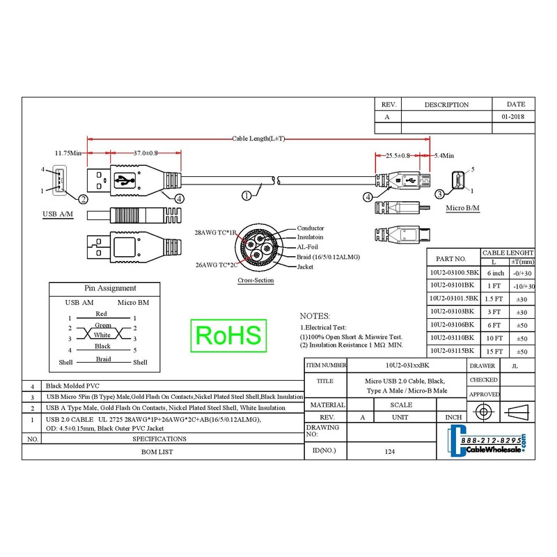 CableWholesale Micro USB 2.0 Cable, Black, Type A Male/Micro-B Male,