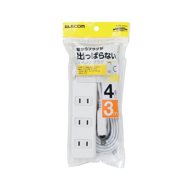 Elecom T-S02-2430WH Power Strip, Easy Wiring, 180° Swing Plug, 4