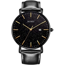 BUREI Stylish Men's Watches Minimalist Ultra Slim Date Large Face Watch with Teacher Strap, Strap