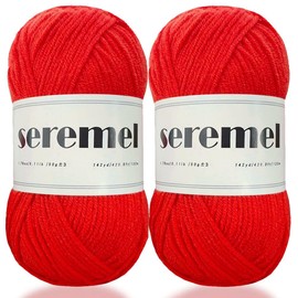 seremel 4Ply Acrylic Soft Yarn 2 Balls 1Pack, 2 Pcs Crochet Yarn Total 100g (3.4oz) / 260m (280Yds), Crocheting/Knitting #4 Medium Yarns, Worsted Beautiful Color (Hot Red)