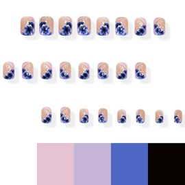 Floral Press on Nails Medium Square Shaped Fake Nails with Romantic Violet Flowers Design Purple Glossy False Nails Spring Acrylic Nails Full Cover Stick on Nails for Women Nail Art Manicure 24 Pcs