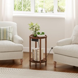 HOOBRO Small Round Side Table with Charging Station, 2-Tier Round Bamboo End Table, Compact Sofa Bedside Table for Small Space, Easy Assembly, for Living Room, Bedroom, Apartment, Mocha MA156UBZ01