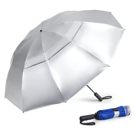 G4Free 46 Inch Large Golf UV Umbrella Compact Reverse Travel Sun Protection Umbrella 10 Ribs Windproof for Rain Double Canopy Automatic Open Close (Sliver/Blue)