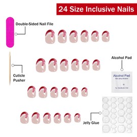 Christmas Press on Nails Short Oval SWEKKE Red French Tip Fake Nails False Nails with Designs Cute Shimmer Christmas Hat Full Cover Glossy Glue on Nails Acrylic Nails for Women Girls 24 Pcs