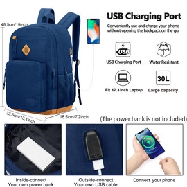 KEOFID Classic School Rucksack for Boys and Girls Teenager, Carry-On Travel Backpack for Men and Women, Anti theft laptop Backpack with USB Charging Port for College(blue 19inches)