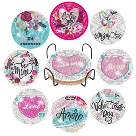Pack of 8 Diamond Painting Coasters with Holder, Diamond Painting Adults, Reusable DIY Love Cup Coasters with Diamonds and Mounting Tools for Cups, Vases Decoration
