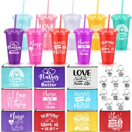 Teenyyou 30 Sets Nurse Appreciation Gifts Bulk, 24 oz Reusable Multicolor Plastic Tumbler Cup with Straw Lid, Makeup Bags Keychains for Women Nurse Week 2025 Graduation Thank You Gift(Modern)
