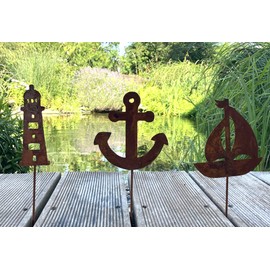 LB H&F Set of 3 Garden Stakes, Maritime Decorative Rust Stakes, Anchor/Ship/Lighthouse, Rust, Metal, Weatherproof (Set of 3 1)