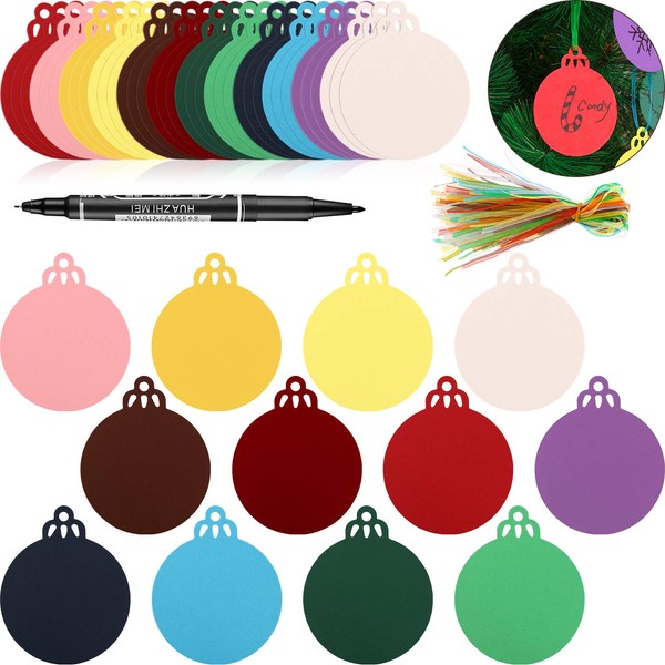 120 Pieces Round Bauble Hanging Gift Tags Christmas Tree Blank Hanging Ornaments with 120 Pieces Ribbons and a Pen for Christmas Decoration DIY Crafts (120 Pieces)