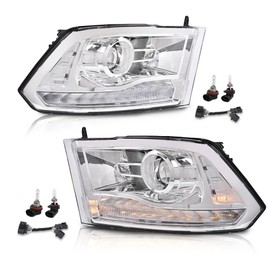 DOTCOM LED Projector Headlights Headlamps Assembly, Fit Dodge Ram 1500 2500 3500 2009 2010 2011 2012, W/Harness Bar Plank Style, Clear Lens Chrome Housing Clear Reflector, Left and Right Side 2PCS