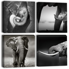 OTOSTAR 4 Pieces Wall Art Canvas Prints - Grey-Elephant Family - Picture Painting - Modern Wall Artwork Framed for Gifts Bathroom Home Kitchen Office Decor - 12 x 12 Inch