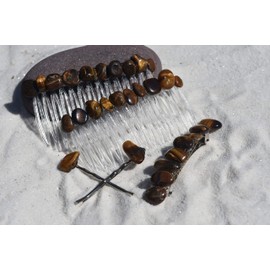 Gold Tiger's Eye Stone Hair Clip Set - Includes 2 Hair Combs, 1 60 mm French Barrette, 2 Hair Pins