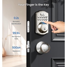 Veise Fingerprint Door Lock, Keyless Entry, Auto Lock, Electronic Keypad Deadbolt for Front Door, Biometric, Anti-Peeking Password, Easy Install, Satin Nickel