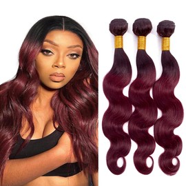 Niciitysi Wine Red Body Wave Bundles Human Hair Color 1B99j Bundles Ombre Two Tone Black and Burgundy Bundle Double Weft Brazilian Hair Extensions Soft and Silky 16 18 20 inch