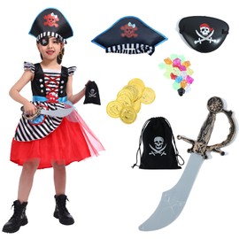 Sincere Party Girls' Pirate Costume Pirate Buccaneer Princess Deluxe Dress with Sword, Pirate Bag, Eye Patch and Hat 7-8 Years
