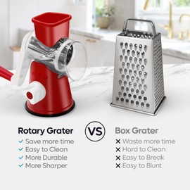Rotary Cheese Grater, 3 in 1 Cheese Shredder Grater Rotary with Handle and Strong Suction Base for Kitchen Countertops, Vegetable Mandoline Slicer & Nut Shredder