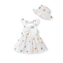 Renotemy Baby Girl Dresses Summer White Cotton Linen Outfits Boho Beach Birthday Party Shower Dress 1 Year Old Girl Gifts Smocked Casual Sundress with Hat 12-18 Month Girl Clothes Multicolor Heart