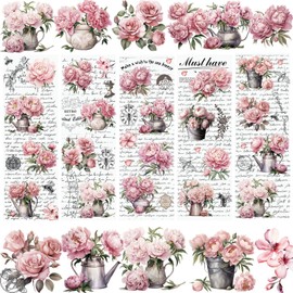 WANDIC 5 Sheets Rub On Transfer Sticker, Vintage Peony Flower Decals Retro Pink Flower Word Stickers for DIY Scrapbooking Photo Albums Furniture, 11.8 * 3.9in