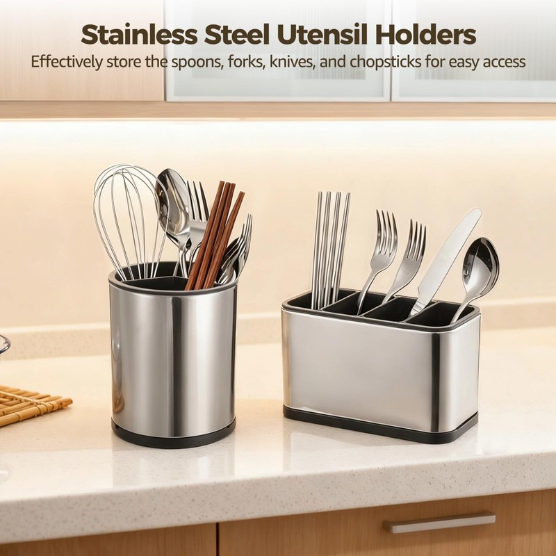NIMBLOOM 2 PCS Kitchen Utensil Holder Set, Stainless Steel Countertop