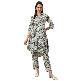 Pure Cotton A-Line Co-ord For Women's | Floral Print Co-ord set | Cotton Cord Set | A-Line Cord Set | Up & Down Cord Set | Cord Set (DARK GREEN)